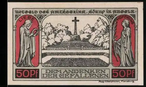 Notgeld Sörup in Angeln 1920, 50Pf, Liebe und Hoffnung, Gefallenen-Gedenkstätte, Wappen mit Ähren und Kreuz