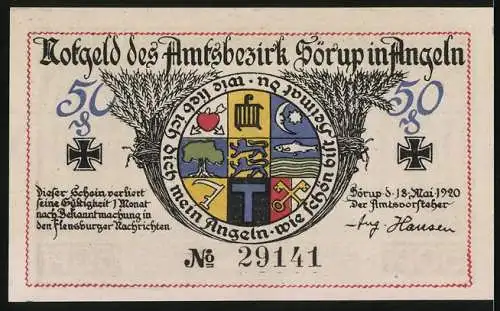 Notgeld Sörup in Angeln 1920, 50Pf, Liebe und Hoffnung, Gefallenen-Gedenkstätte, Wappen mit Ähren und Kreuz