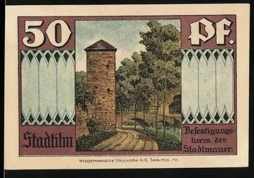 Notgeld Stadtilm, 1921, 50 Pf, Befestigungsturm der Stadtmauer und Krypta