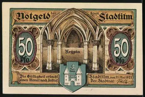 Notgeld Stadtilm, 1921, 50 Pf, Befestigungsturm der Stadtmauer und Krypta