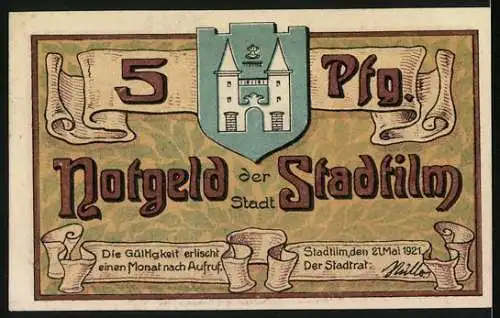 Notgeld Stadtilm, 1921, 5 Pfennig, Methfessel-Denkmal und Stadtfilm-Wappen