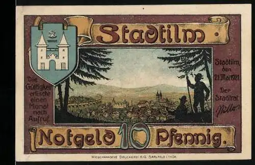 Notgeld Stadtilm, 1921, 10 Pfennig, Landschaftsansicht und Arbeitsszenen