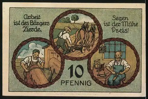 Notgeld Stadtilm, 1921, 10 Pfennig, Landschaftsansicht und Arbeitsszenen