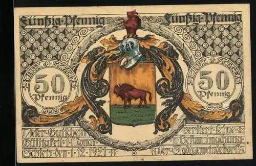 Notgeld Schleiz 1921, 50 Pfennig, Wappen mit Bison und Porträt Johann Friedrich Böttger auf Rückseite