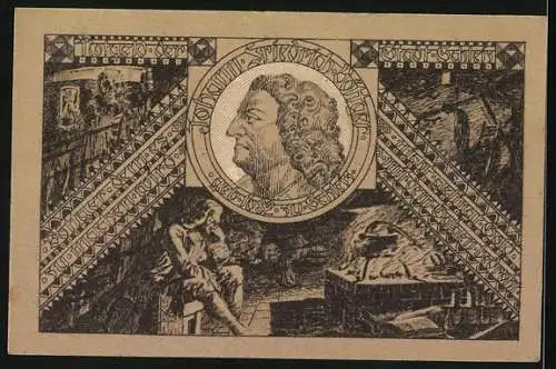 Notgeld Schleiz 1921, 50 Pfennig, Wappen mit Bison und Porträt Johann Friedrich Böttger auf Rückseite