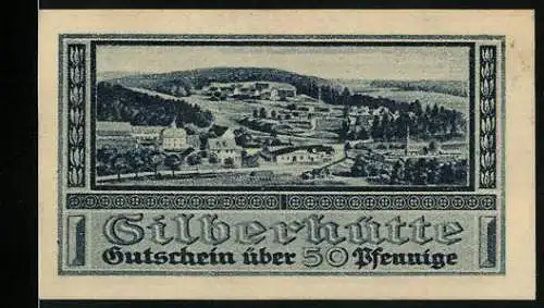 Notgeld Harzgerode 1921, 50 Pfennig, Silberhütte, Gutschein mit Landschaft und Bergmann-Motiv