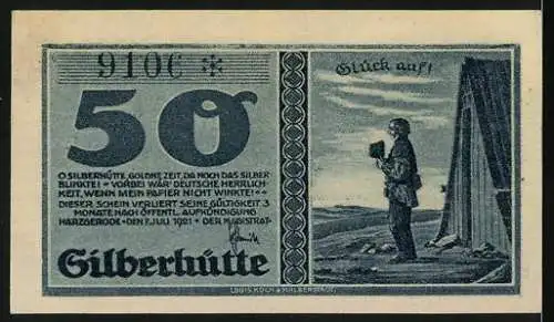 Notgeld Harzgerode 1921, 50 Pfennig, Silberhütte, Gutschein mit Landschaft und Bergmann-Motiv