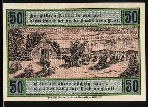 Notgeld Selsingen, 1920, 50 Pfennig, bäuerliche Szene mit Mäharbeiten und traditioneller Kleidung