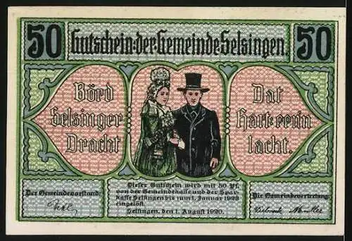 Notgeld Selsingen, 1920, 50 Pfennig, bäuerliche Szene mit Mäharbeiten und traditioneller Kleidung