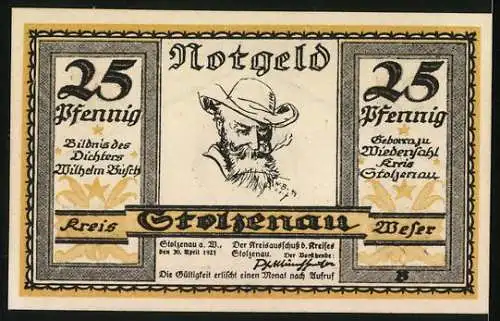 Notgeld Stolzenau 1921, 25 Pfennig, Bildnis des Dichters Wilhelm Busch und Spruch