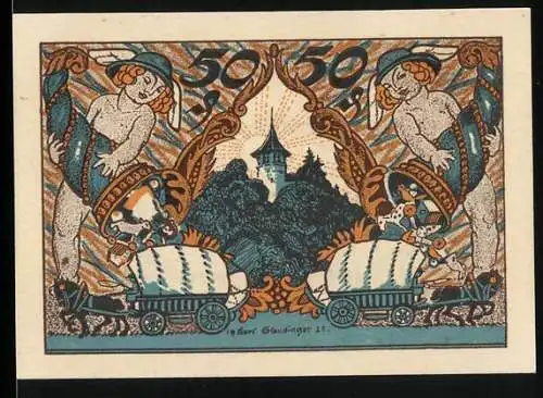 Notgeld Sonneberg, 1921, 50 Pfennig, farbenfrohes Design mit stilisierten Figuren und Landschaft