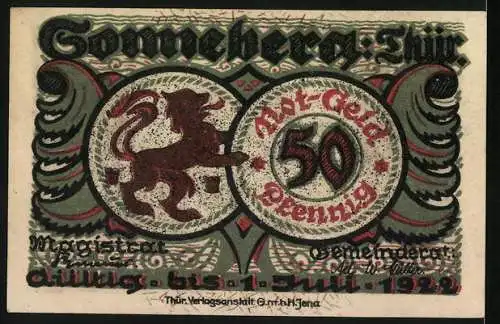 Notgeld Sonneberg 1922, 50 Pfennig, lustige Szene, Löwen-Wappen und Gültigkeitsdatum