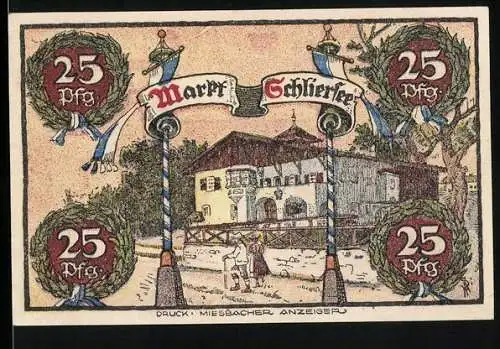 Notgeld Schliersee, 1921, 25 Pfennig, Marktansicht mit Maibäumen und Schriftzug, Wappen und Burgansicht