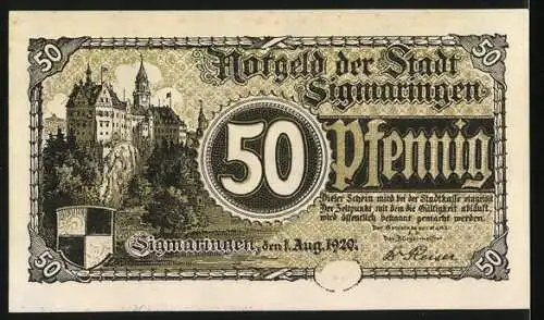 Notgeld Sigmaringen, 1920, 50 Pfennig, Stadtansicht mit Schloss und historische Szene