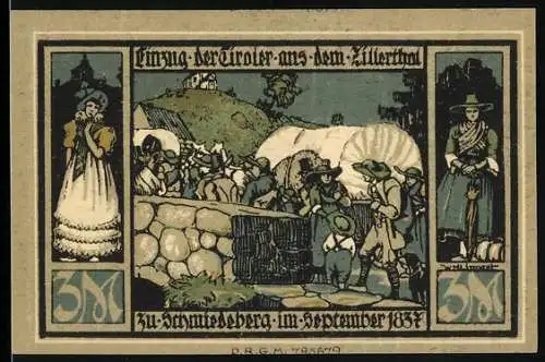 Notgeld Schmiedeberg, 1921, 3 Mark, Einzug der Tiroler aus dem Zillertal und Denkmal