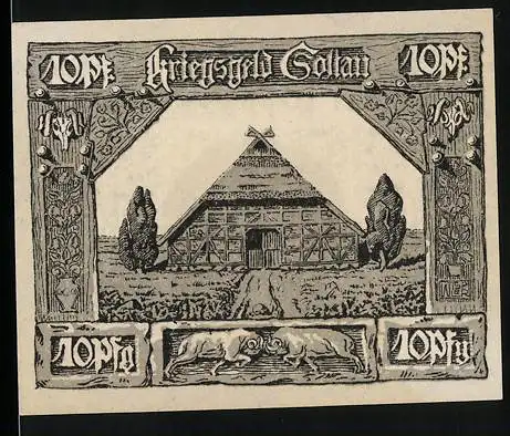 Notgeld Soltau, 1921, 10 Pfennig, historische Scheune und Eisernes Kreuz