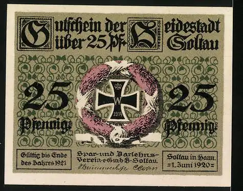 Notgeld Soltau, 1920, 25 Pfennig, Bauernhaus und Eisernes Kreuz mit Eichenlaub