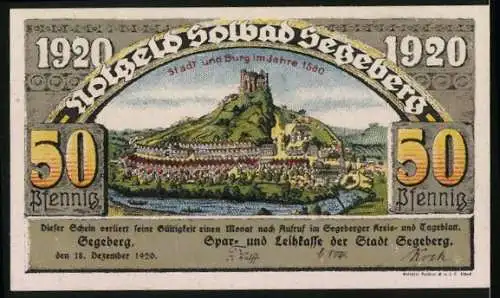 Notgeld Segeberg, 1920, 50 Pfennig, Stadtansicht und Burg im Jahre 1600