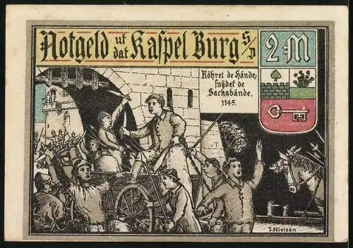 Notgeld Burg, 1916, 2 Mark, Abbildungen von historischen Szenen aus dem Jahr 1145 und dem Schloss Böckelnborg