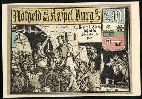 Notgeld Burg, 2 Mark, Illustrationen von Belagerungen und historischem Stadtschloss