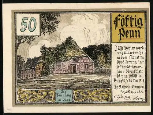 Notgeld Burg, 1916, 50 Pfennig, Abbildung eines Bauernhauses und einer Windmühle