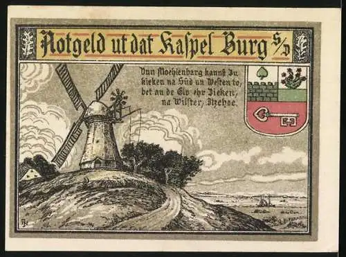 Notgeld Burg, 1916, 50 Pfennig, Abbildung eines Bauernhauses und einer Windmühle