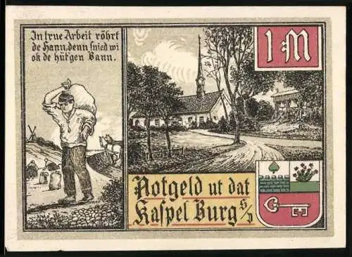 Notgeld Burg, 1916, 1 Mark, Arbeiter und Landschaft mit Kirche, Windmühlen und Schiffen