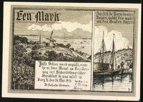 Notgeld Burg, 1916, 1 Mark, Arbeiter und Landschaft mit Kirche, Windmühlen und Schiffen