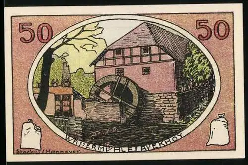 Notgeld Neustadt 1921, 50 Pfennig, Wassermühle und Fachwerkhaus mit Pumpbrunnen und Gültigkeit bis 1. April 1922