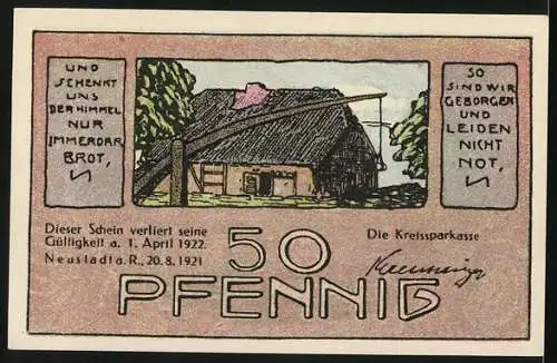 Notgeld Neustadt 1921, 50 Pfennig, Wassermühle und Fachwerkhaus mit Pumpbrunnen und Gültigkeit bis 1. April 1922