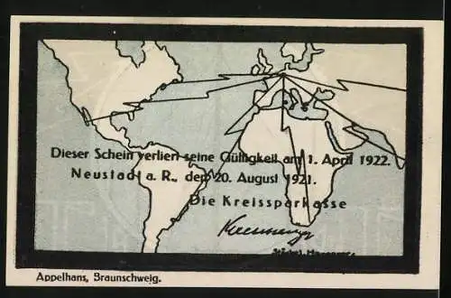 Notgeld Neustadt 1921, 50 Pf, Radioturm und Weltkarte, gültig bis 1. April 1922