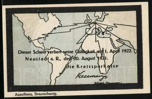 Notgeld Neustadt 1921, 50 Pf, Weltkarte und Funkturm-Design, Kreissparkasse