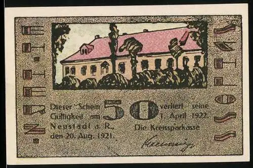 Notgeld Neustadt 1921, 50 Pf, Gebäudeillustrationen und Ablaufdatum April 1922