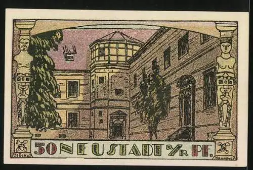 Notgeld Neustadt 1921, 50 Pf, Gebäudeillustrationen und Ablaufdatum April 1922