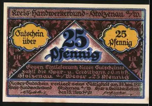 Notgeld Stolzenau 1921, 25 Pfennig, kunstreiche Hand bringt viel zu Stand