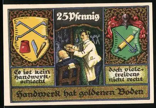 Notgeld Stolzenau, 1921, 25 Pfennig, Kreishandwerkerbund mit Handwerksmotiven und Sprüchen auf Rückseite