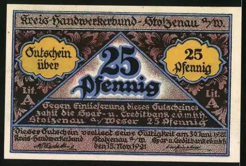 Notgeld Stolzenau, 1921, 25 Pfennig, Kreishandwerkerbund mit Handwerksmotiven und Sprüchen auf Rückseite