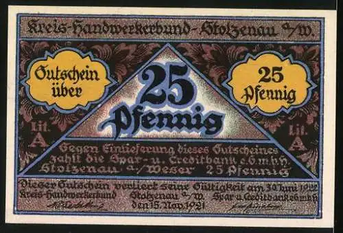 Notgeld Stolzenau, 1921, 25 Pfennig, Handwerk hat goldenen Boden, Kreis Handwerkerbund