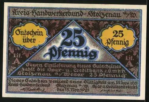 Notgeld Stolzenau, 1921, 25 Pfennig, Handwerk hat goldenen Boden, Kreishandwerkerbund Osterode am Harz