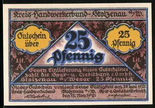 Notgeld Stolzenau, 1921, 25 Pfennig, Kreis-Handwerkerbund Gutschein mit Handwerksmotiven und Sprüchen