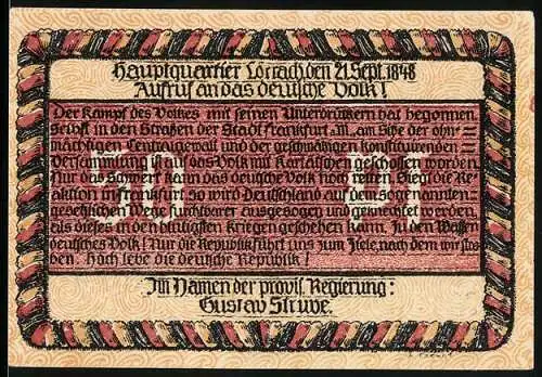 Notgeld Lörrach, 50 Pfennig, Aufruf an das deutsche Volk und das Insiegel der Stadt Lörrach