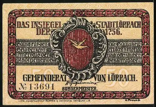 Notgeld Lörrach, 50 Pfennig, Aufruf an das deutsche Volk und das Insiegel der Stadt Lörrach