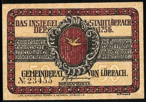 Notgeld Lörrach, 1921, 50 Pfennig, Friedrich Hecker mit Text Freiheit Bildung Wohlstand und Stadtsiegel