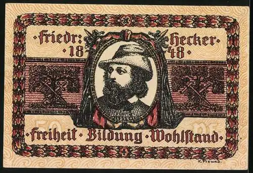 Notgeld Lörrach, 1921, 50 Pfennig, Friedrich Hecker mit Text Freiheit Bildung Wohlstand und Stadtsiegel