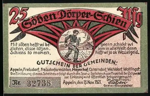 Notgeld Appeln, 1921, 25 Pfennig, Gutschein der Gemeinden mit Ritterillustration und plattdeutschem Text