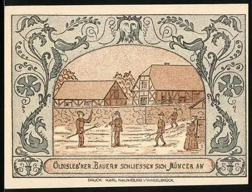 Notgeld Oldisleben, 1921, 50 Pfennig, Bauern schliessen sich Münzer an, Industriegebäude und Felder im Hintergrund