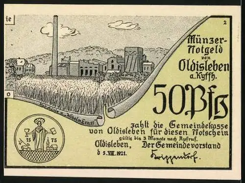 Notgeld Oldisleben, 1921, 50 Pfennig, Bauern schliessen sich Münzer an, Industriegebäude und Felder im Hintergrund