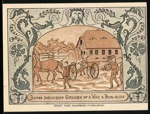 Notgeld Oldisleben, 1921, 50 Pfennig, Bauern mit Pferd und Wagen, Kirche und Landschaft