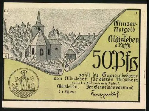 Notgeld Oldisleben, 1921, 50 Pfennig, Bauern mit Pferd und Wagen, Kirche und Landschaft