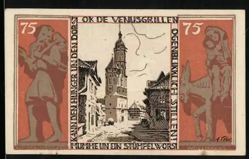 Notgeld Braunschweig 1921, 75 Pfennig, Historische Stadtszene und Pferdemotiv